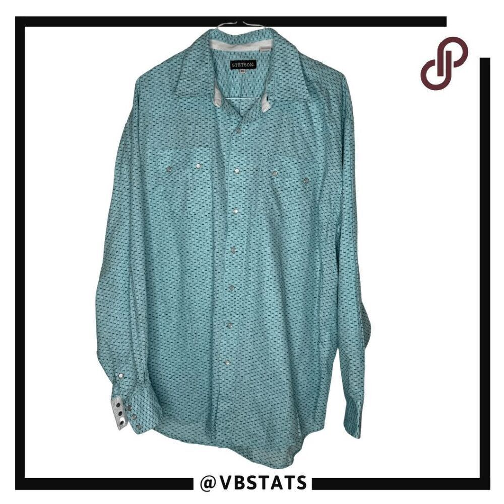 Stetson Mens Geometric Pearl Snap Collared Button Up Western Shirt Blue Size 2XL